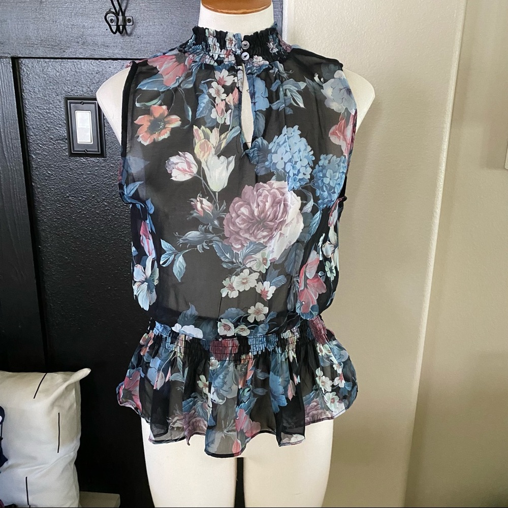 Apricot Lane. Black Floral Sheer Blouse. Size Medium.
